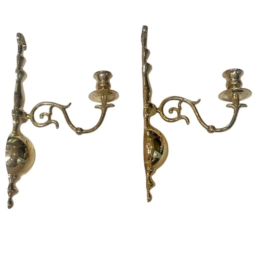 Vintage Polished Brass Wall Sconces Pair Traditional Candle Holder Set Gold